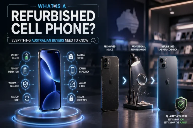 Visual guide explaining what a refurbished cell phone is by showing the refurbishment process, including professional inspection, battery and hardware testing, secure data wiping, quality certification, and a like-new smartphone ready for Australian buyers.